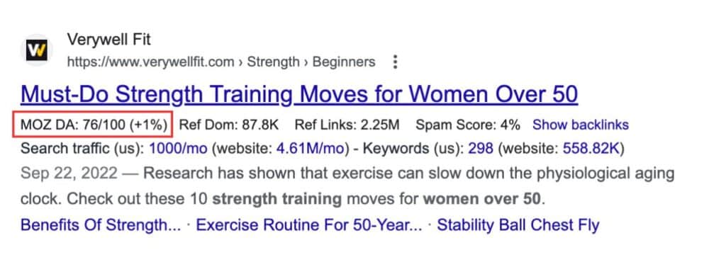 Screenshot of a result from the search engine results page, with "domain authority" data highlighted underneath the page title.