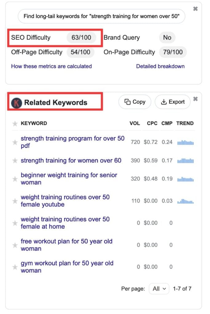 Screenshot of the Keywords Everywhere sidebar with SEO Difficulty and Related Keywords highlighted.